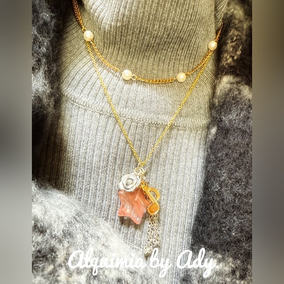 Alquimia Gold Necklace with Pink Charm and Silver Details layered - Picture 1 of 5